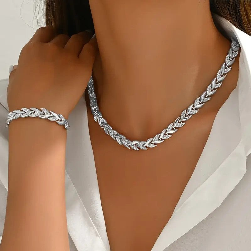 2PCS Glass Leaf Necklace Set Elegant Rhinestone Chain Necklace Bracelet For Women Fashion Luxury Jewelry Set