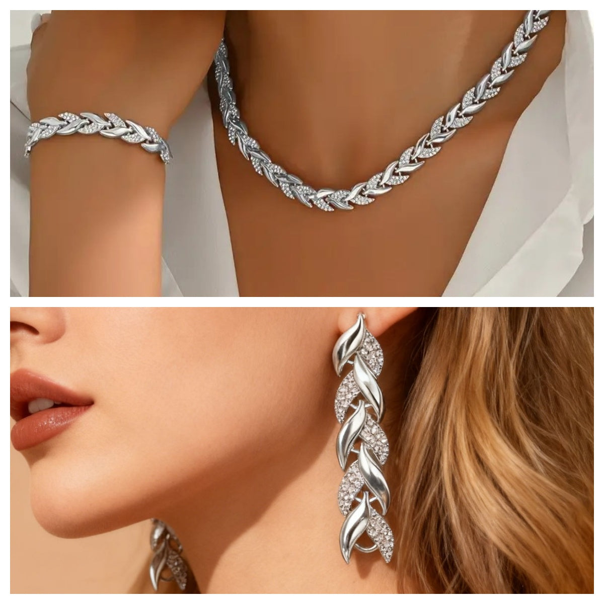 2PCS Glass Leaf Necklace Set Elegant Rhinestone Chain Necklace Bracelet For Women Fashion Luxury Jewelry Set