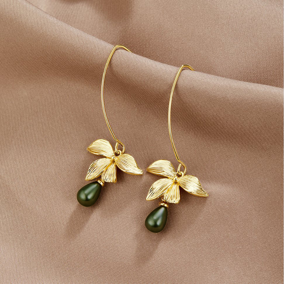 Kolczyki Jade Pearl & Petal Drop - Unikalne Kolczyki
