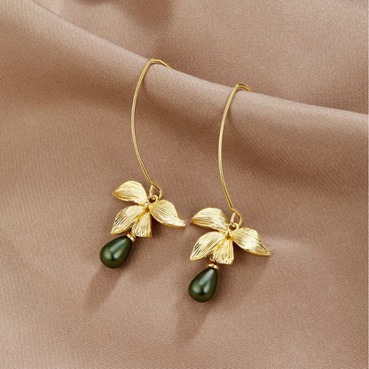 Kolczyki Jade Pearl & Petal Drop - Unikalne Kolczyki